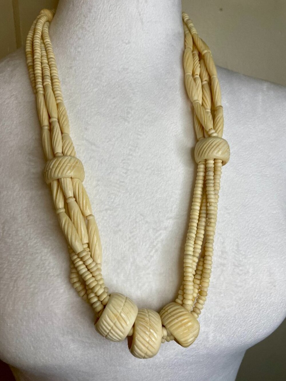 Vintage Bovine Bone White Beaded Necklace Multi-Strands C1970's